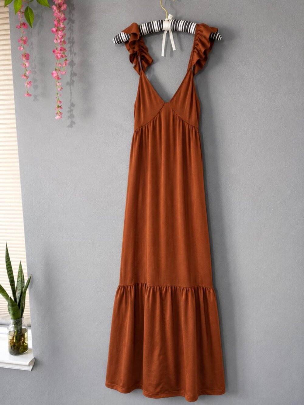 Free People Rust Brown Maxi Dress with Ruffle Straps